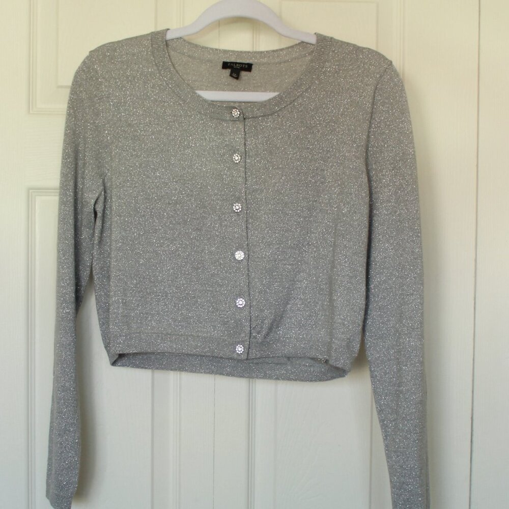 Talbots silver grey metallic merino wool cropped cardigan size Large petite
